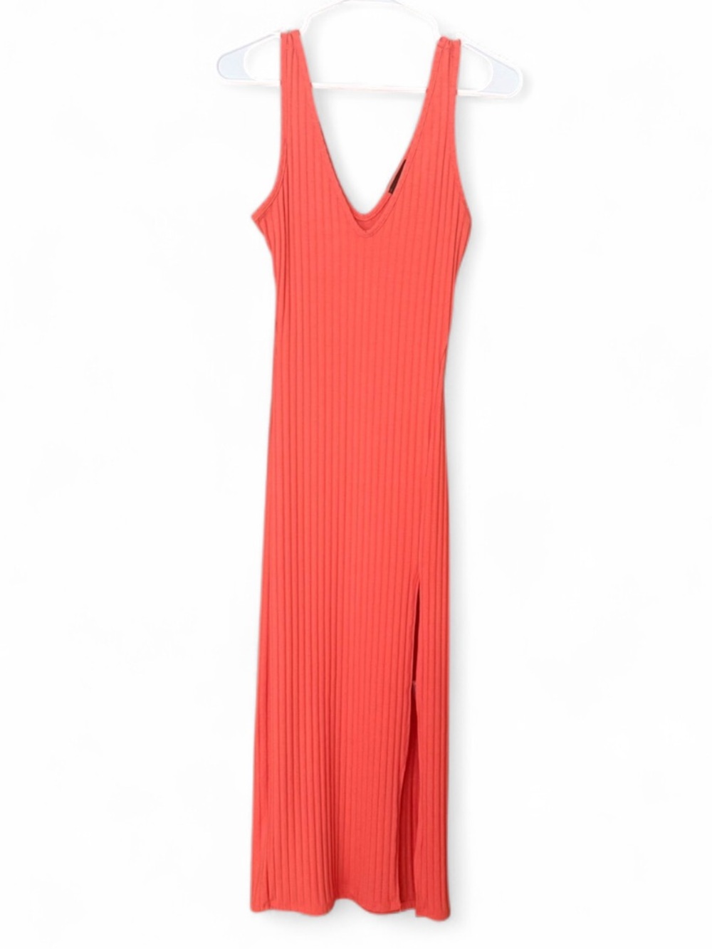 Vici Coral Ribbed V-Neck Midi Dress with Side Slit